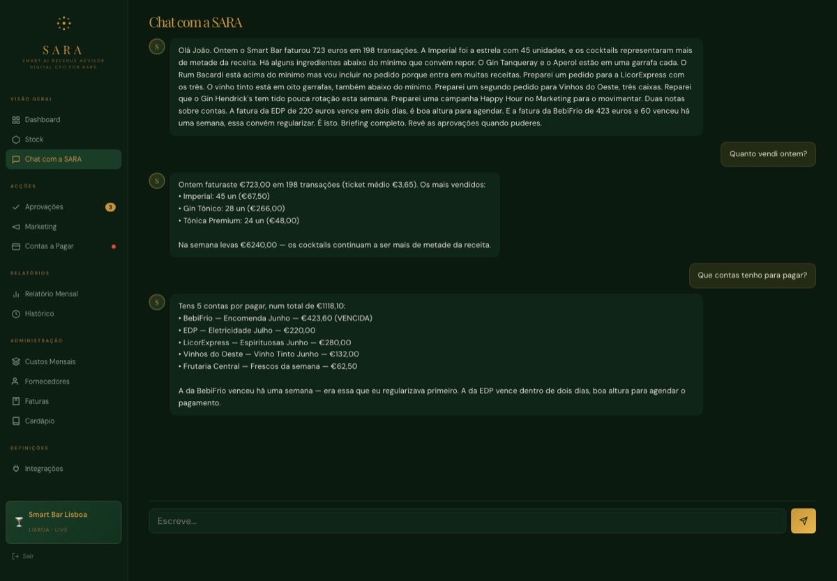 Chat com a SARA respondendo perguntas sobre vendas e contas